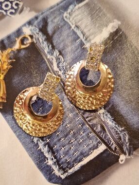 Gold Hammered Disc Drop Earrings with Crystal Accent